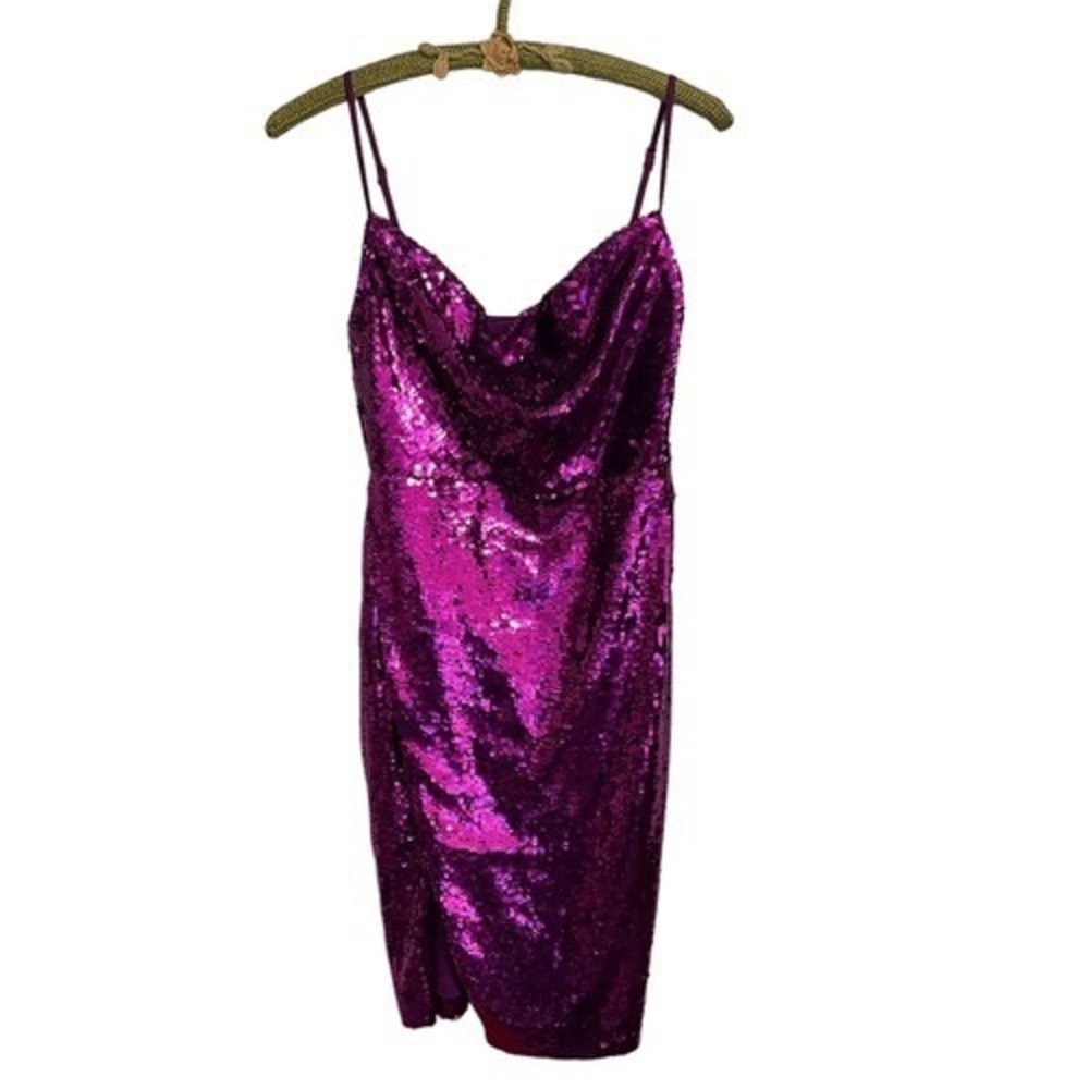 NBD Revolve Magenta Sequin Cowl Neck Midi Dress with Side Slit Purple Party Glam